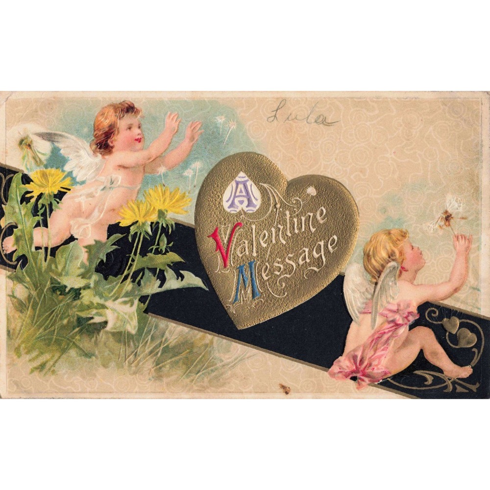 Antique 1910 Valentine Postcard Cherubs Dandelions Gold Heart Embossed Germany - Picture 1 of 2